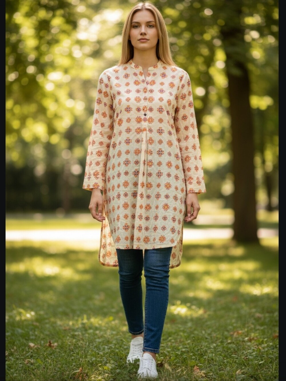 Khaadi Cream Long Tunic Dress Women's Cotton Boho Size 10
